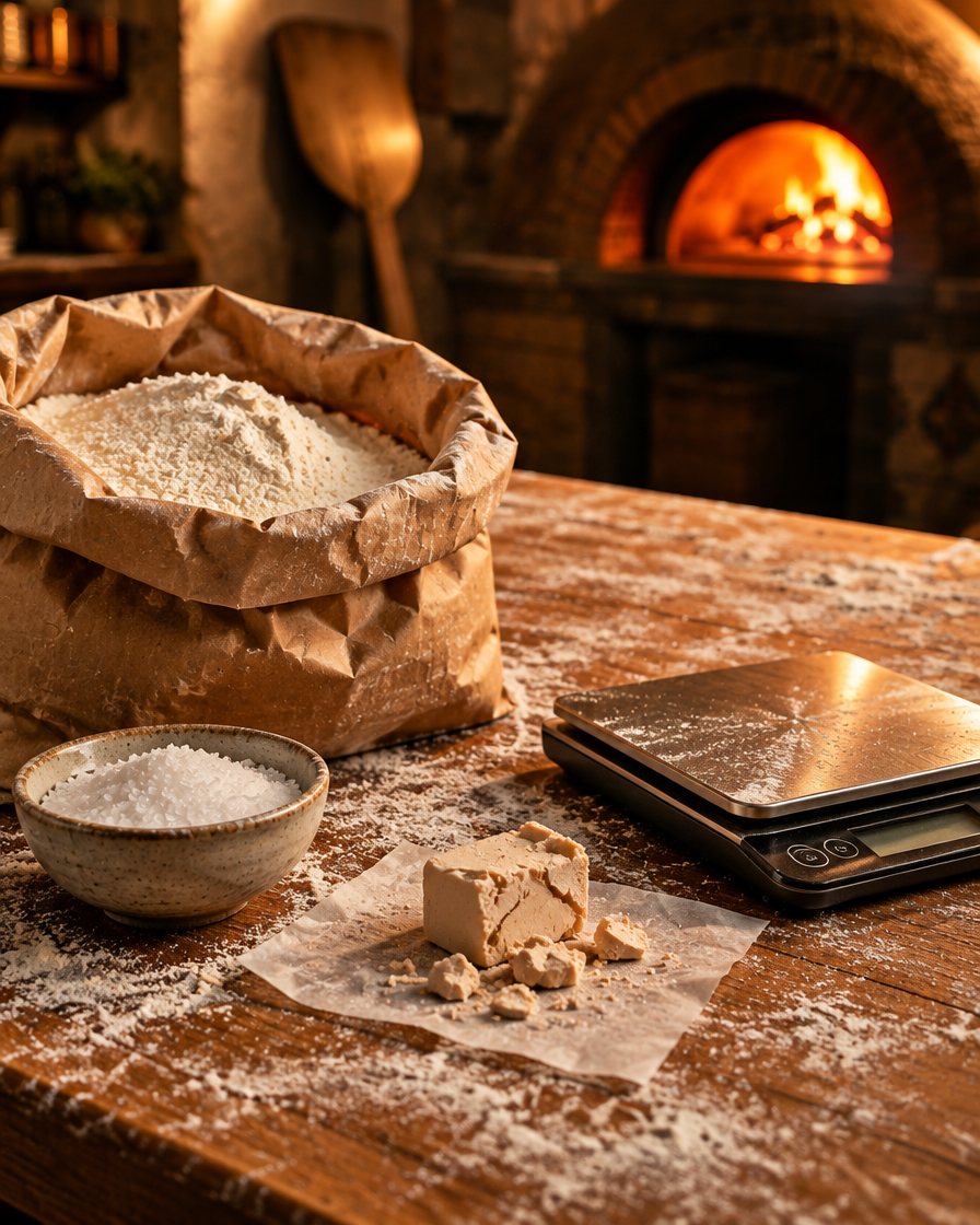 00 flour, sea salt and a crumble of fresh yeast beside a kitchen scale