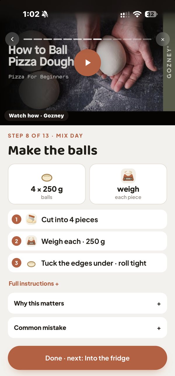 Pizzora cook mode, step 8 of 13, Make the balls: a How to Ball Pizza Dough video, 4 balls of 250 g, cut into 4 pieces, weigh each, tuck the edges under and roll tight