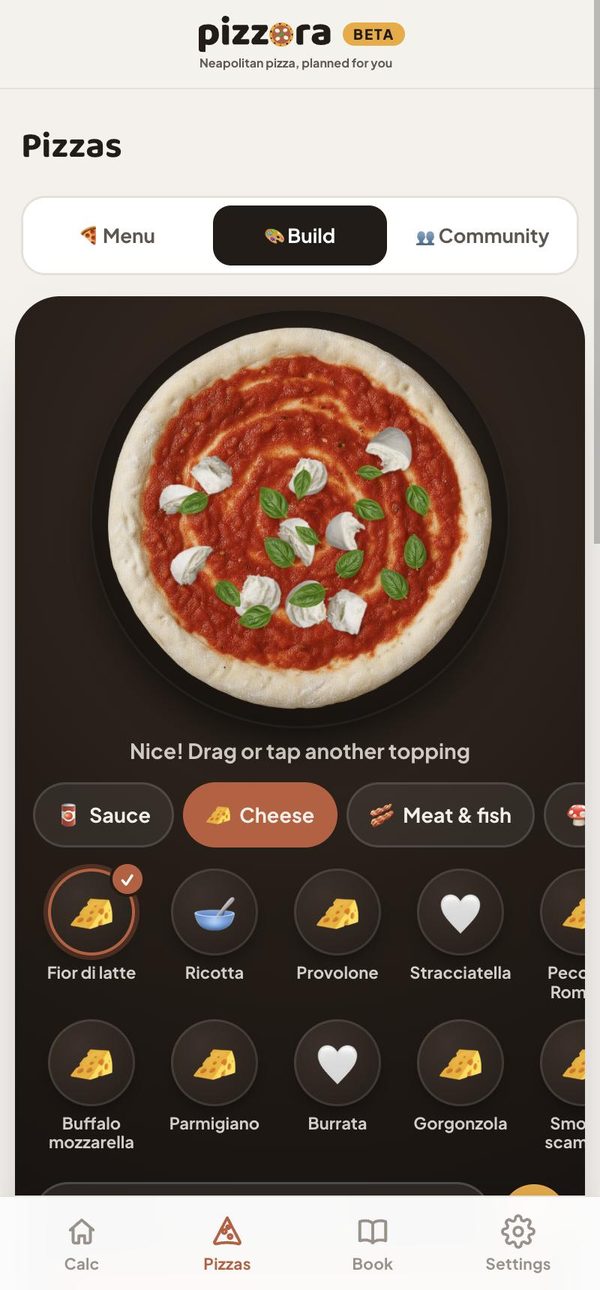 Pizzora pizza builder: a sauced pizza base with fior di latte and basil, and rows of cheese toppings to tap or drag on