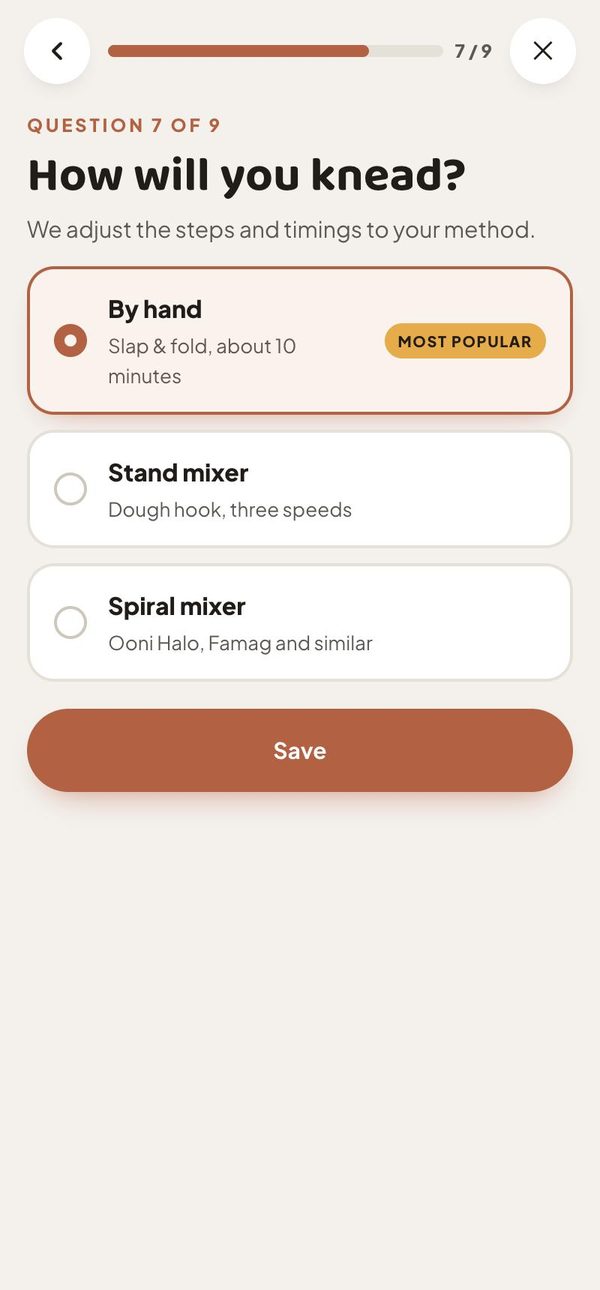 Pizzora question 7 of 9, How will you knead: by hand (slap and fold, about 10 minutes), stand mixer, or spiral mixer