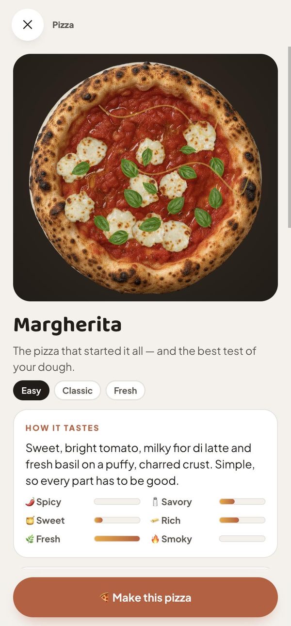 Pizzora Margherita page: a leopard-spotted pizza, how it tastes, and a Make this pizza button