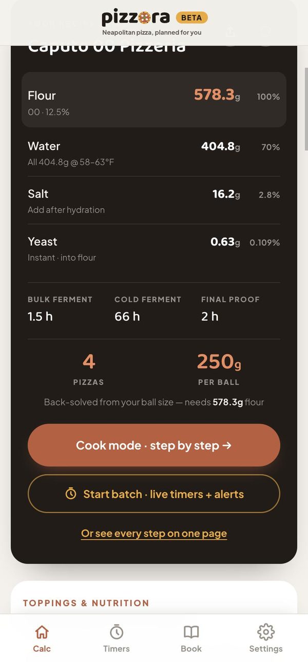 Pizzora recipe card: 578.3 g flour, 404.8 g water at 70%, 16.2 g salt, 0.63 g yeast, 66 h cold ferment