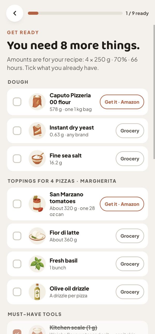 Pizzora shopping list for 4 pizzas: Caputo Pizzeria 00 flour 578 g, instant yeast 0.63 g, sea salt 16.2 g, San Marzano tomatoes, fior di latte, basil, olive oil